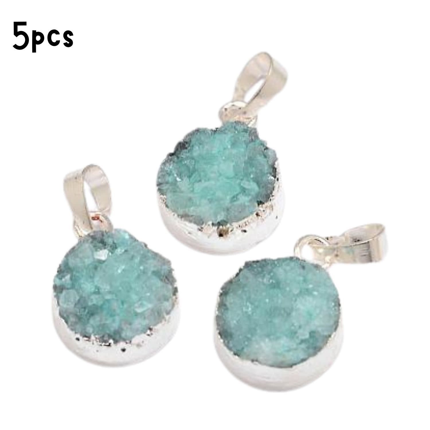 Druzy Agate Pendants, 5pcs, 18.5~21x14x8~10mm, Aqua, Silver Plated Brass, Hole 7.5x5mm, Charms/Pendants, 16gms/0.56oz