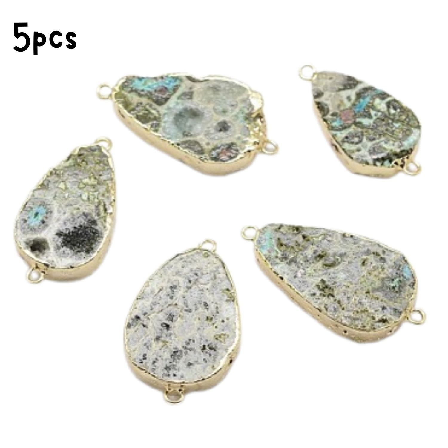 Druzy Agate Pendants, 5pcs, 34~40x17~22x5.5mm, Natural, Gold Plated Brass, Hole 1.5mm, Charms/Pendants, 41gms/1.45oz