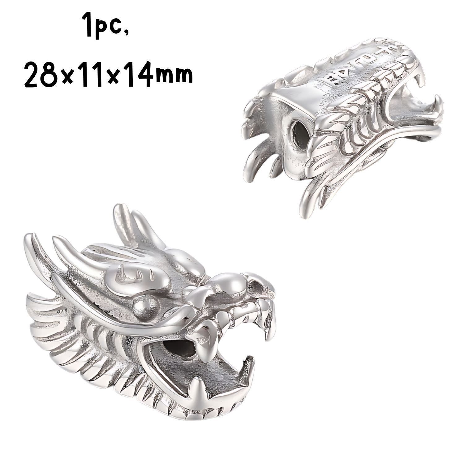 Stainless Steel Dragon Head Bead, 1pc, 28x15x17mm, Hole 4mm, Fits 4mm Cords, 19Gm/0.67oz