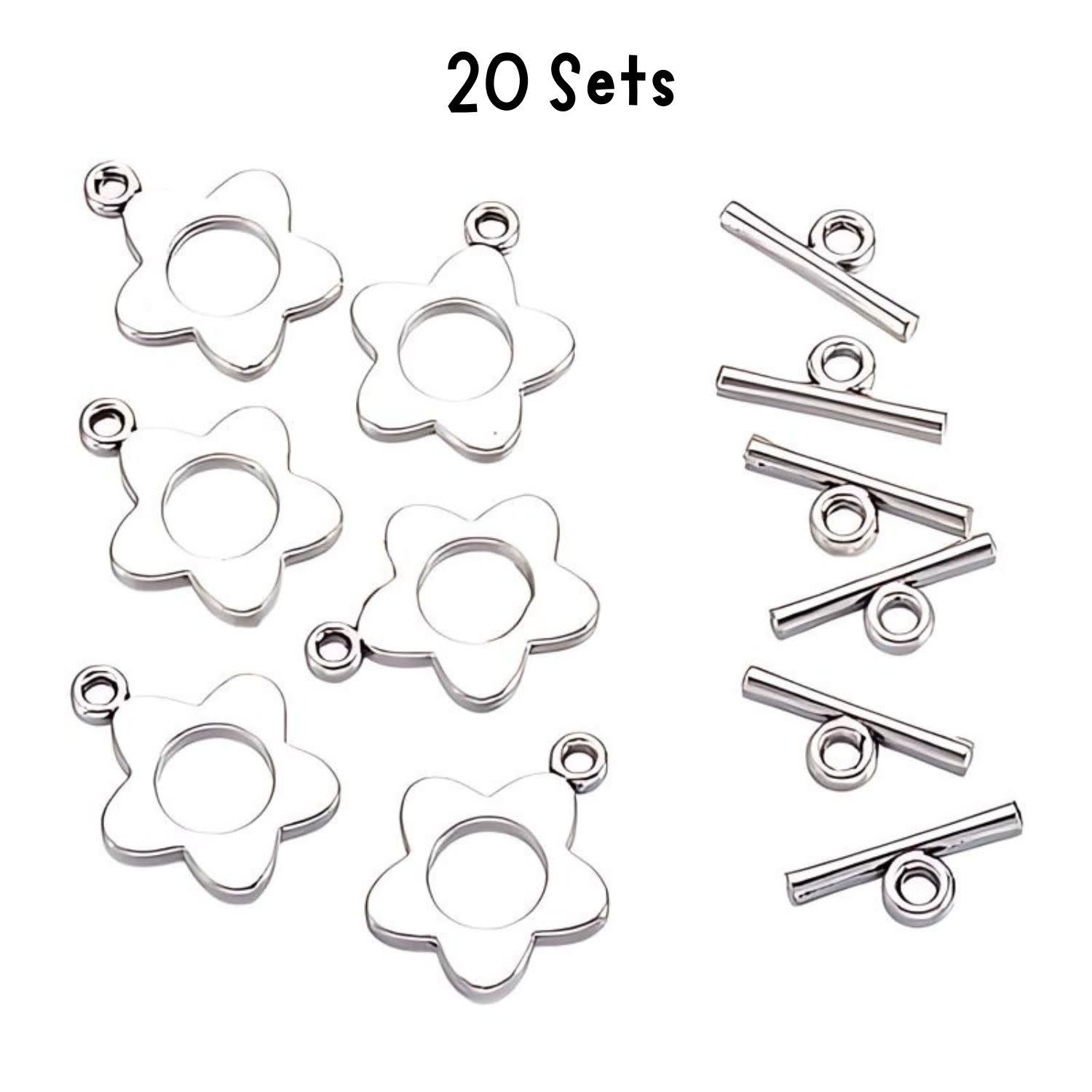 Pewter Flower Toggle Clasps, 20 Sets, Ring 20x16mm, Id Of Ring 8mm, Bar 16mm, 25gms/0.88oz