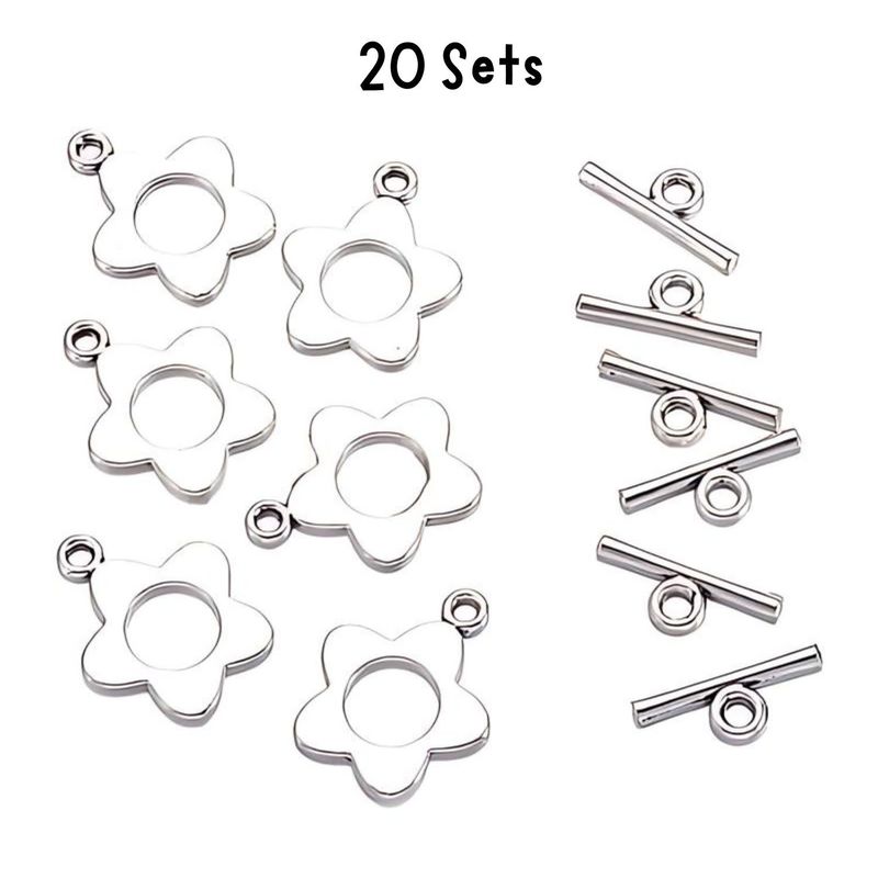 Pewter Flower Toggle Clasps, 20 Sets, Ring 20x16mm, Id Of Ring 8mm, Bar 16mm, 25gms/0.88oz