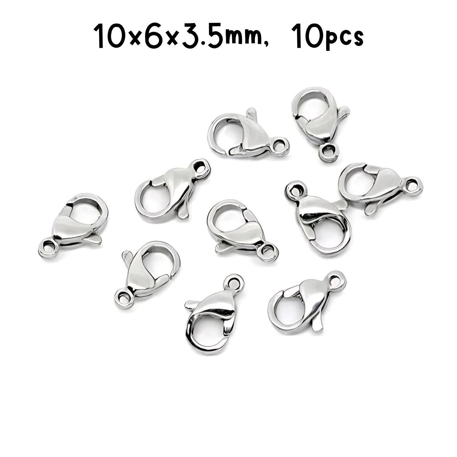 Stainless Steel Lobster Claw Clasps, 10pcs, 10x6x3.5mm, Hole 1mm, 5gms/0.18oz