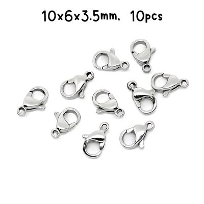 Stainless Steel Lobster Claw Clasps, 10pcs, 10x6x3.5mm, Hole 1mm, 5gms/0.18oz