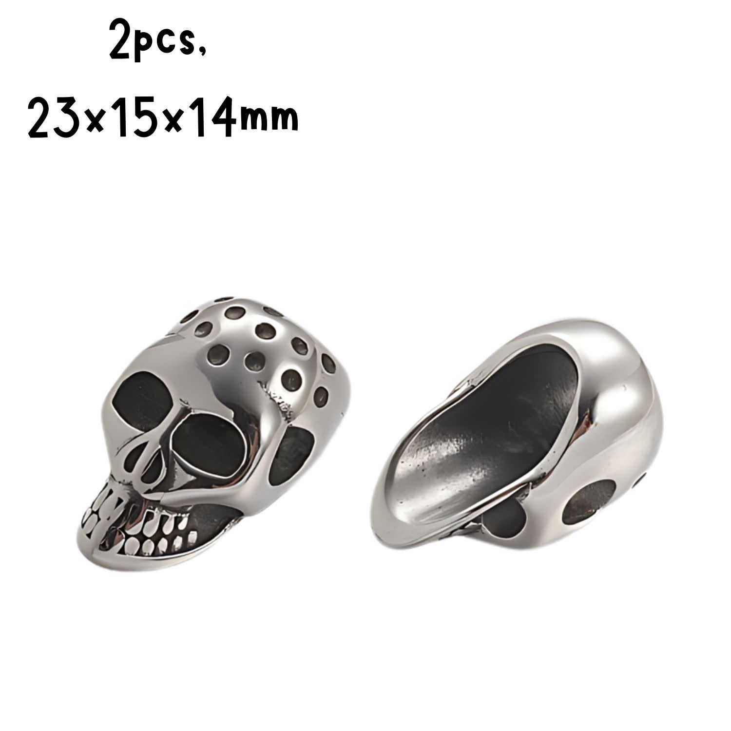 Stainless Steel Skull Beads, 2pcs, 23x14x15mm, Hole 8mm, Fits 8mm Cords, 23gms/0.81oz