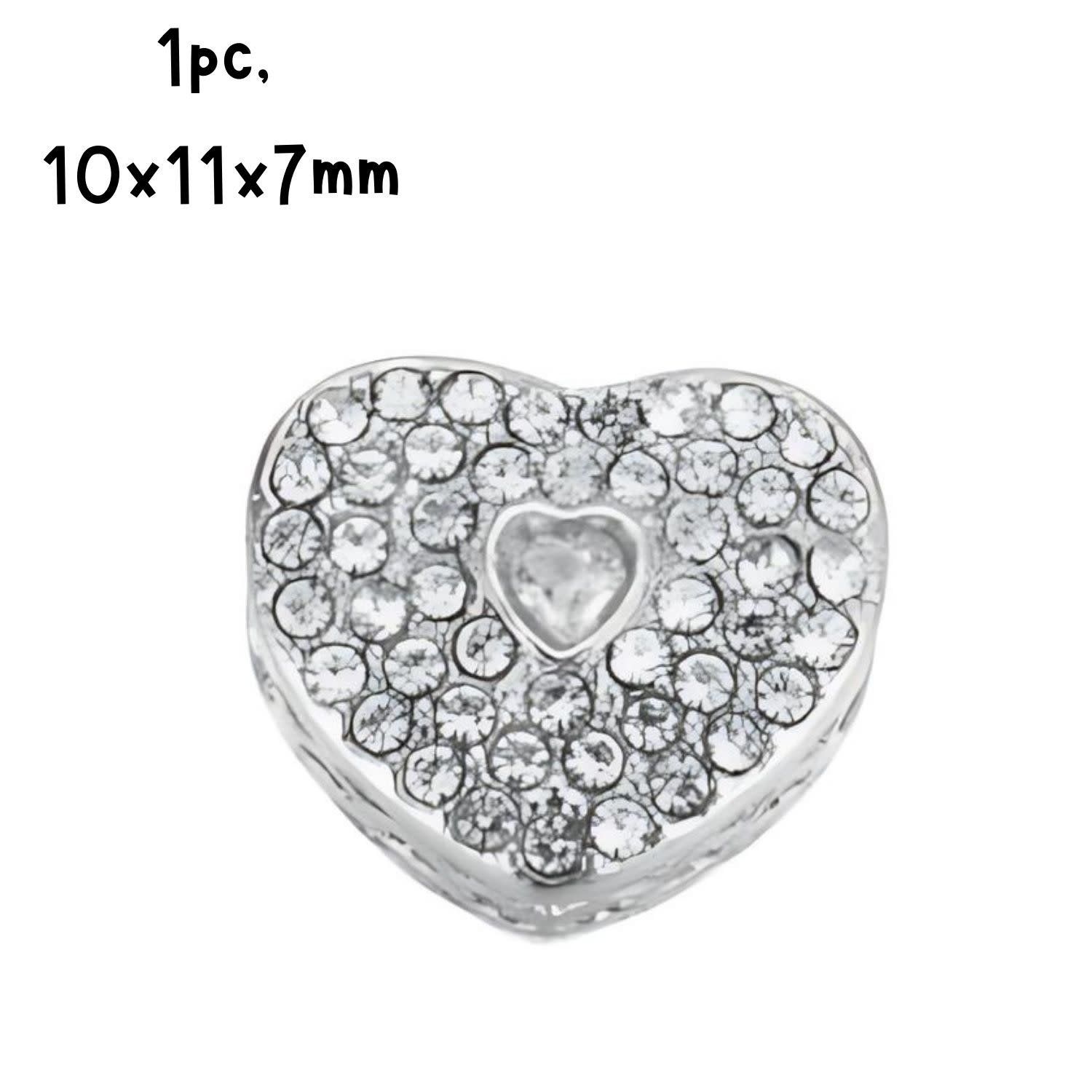 Stainless Steel Heart Bead, 1pc, 10x11x7mm, Clear Rhinestones, Hole 4mm, Fits Pandora, 3gms/11oz