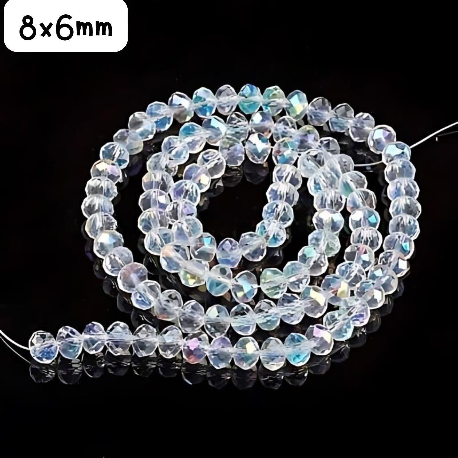 8x6mm Faceted Rondelles, Approx 65pcs, 16&quot; Strand, Transparent Crystal Plated AB, Hole 1mm, Glass Beads, 29gms/1.02oz