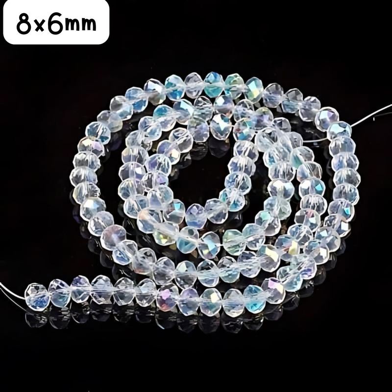 8x6mm Faceted Rondelles, Approx 65pcs, 16&quot; Strand, Transparent Crystal Plated AB, Hole 1mm, Glass Beads, 29gms/1.02oz