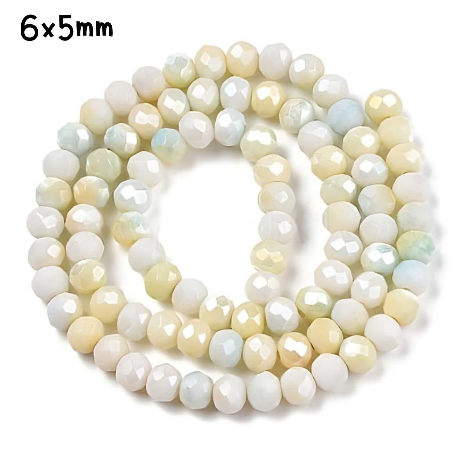 6x5mm Faceted Rondelles, Approx 90pcs, 16&quot; Strand, Abacus White/Gold Tones, Hole 1mm, Glass Beads, 18gms/0.64oz