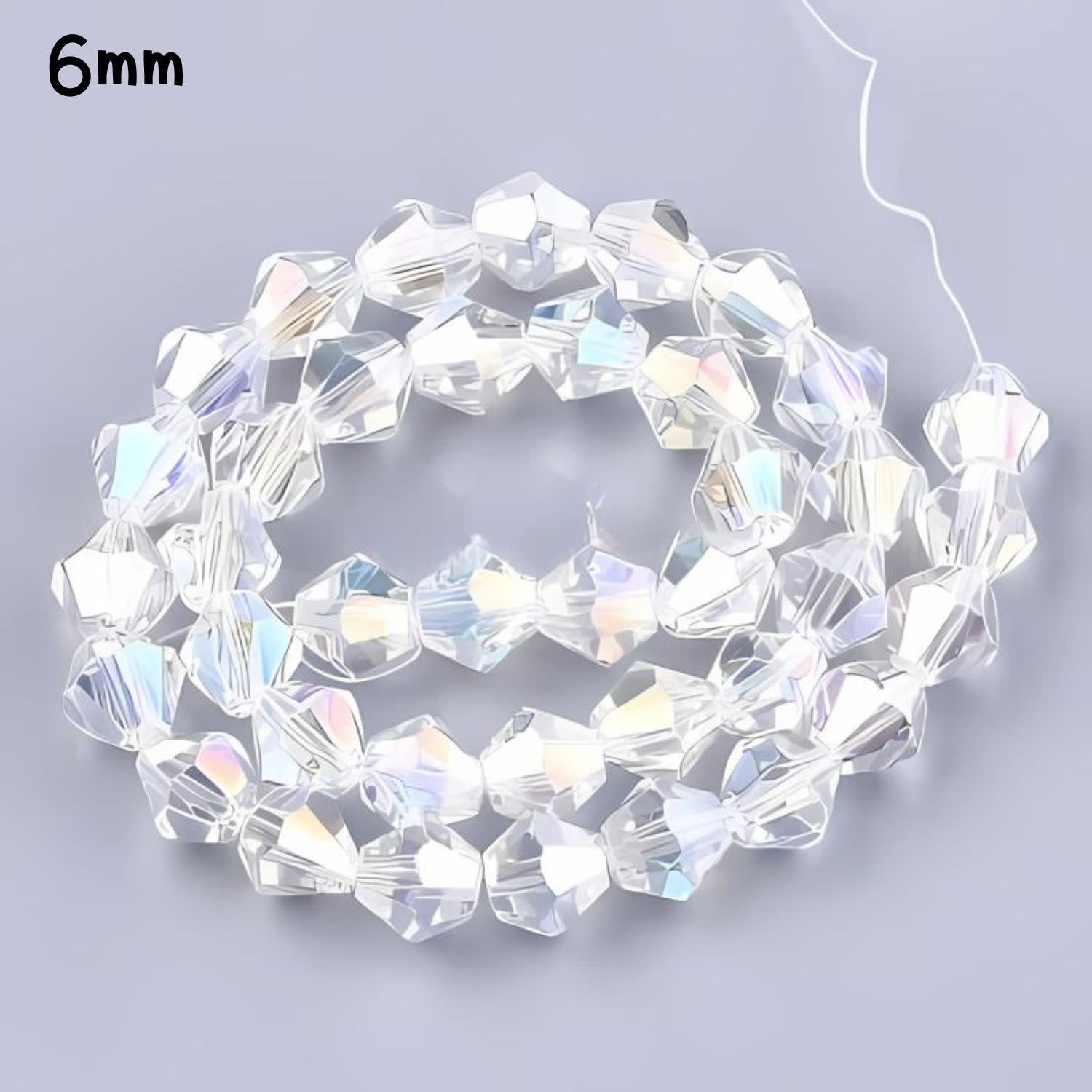 6mm Bicones, Crystal Ab, 50pcs, Hole 1mm, Glass Beads, 12gms/0.42oz