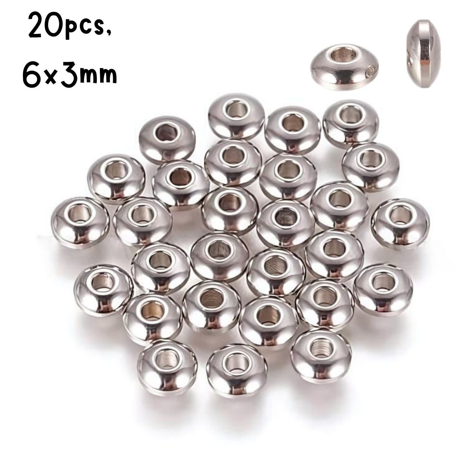 Stainless Steel Smooth Rondelle Beads, 20pcs, 6x3mm, Hole 1.5mm, 8gms/0.28oz