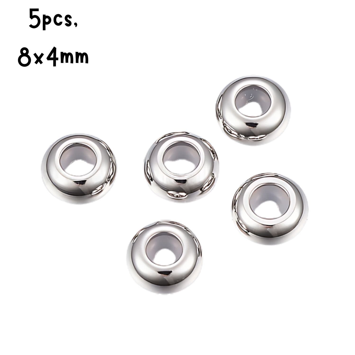 Stainless Steel Rubber Core Stopper Beads, 5pcs, 8x4mm, Hole 3mm, 5gms/0.18oz