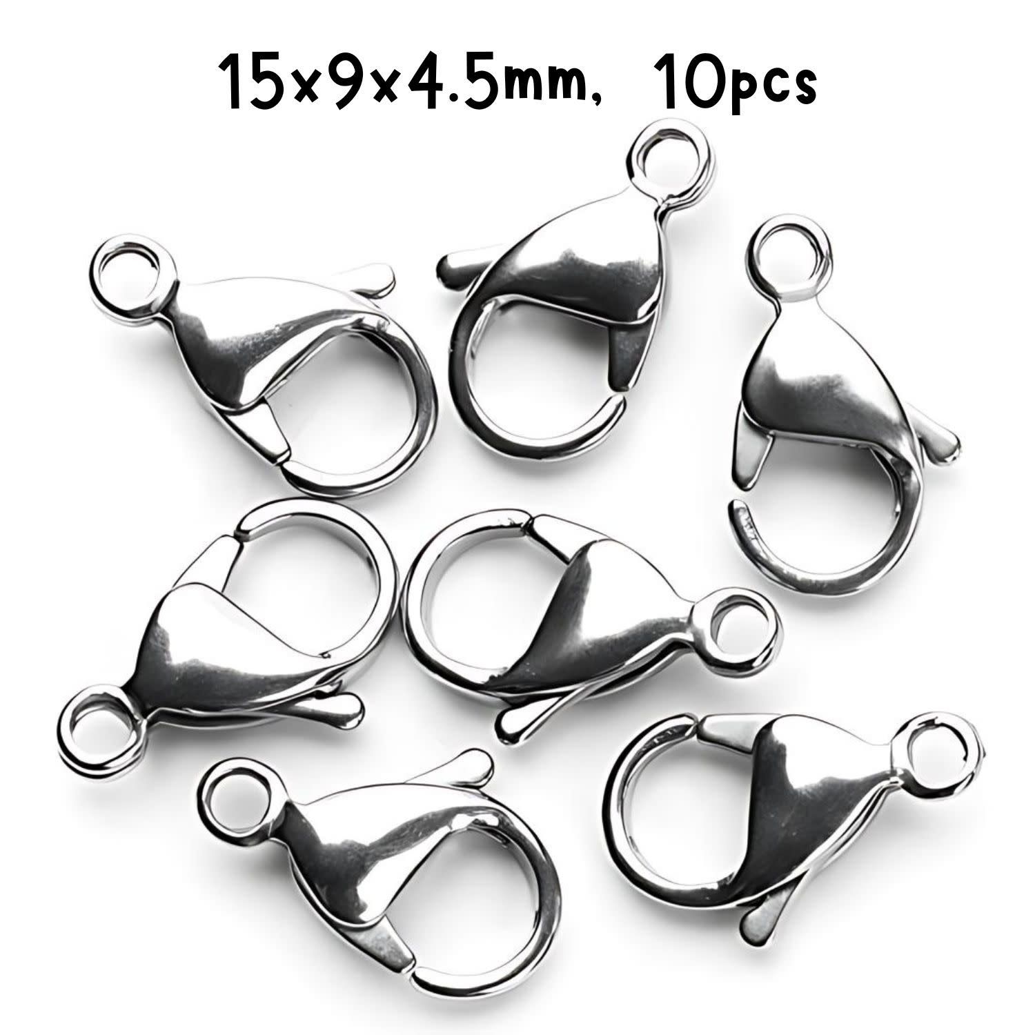 Stainless Steel Lobster Claw Clasps, 10pcs, 15x9x4.5mm, Hole 2mm, 10gms/0.35oz