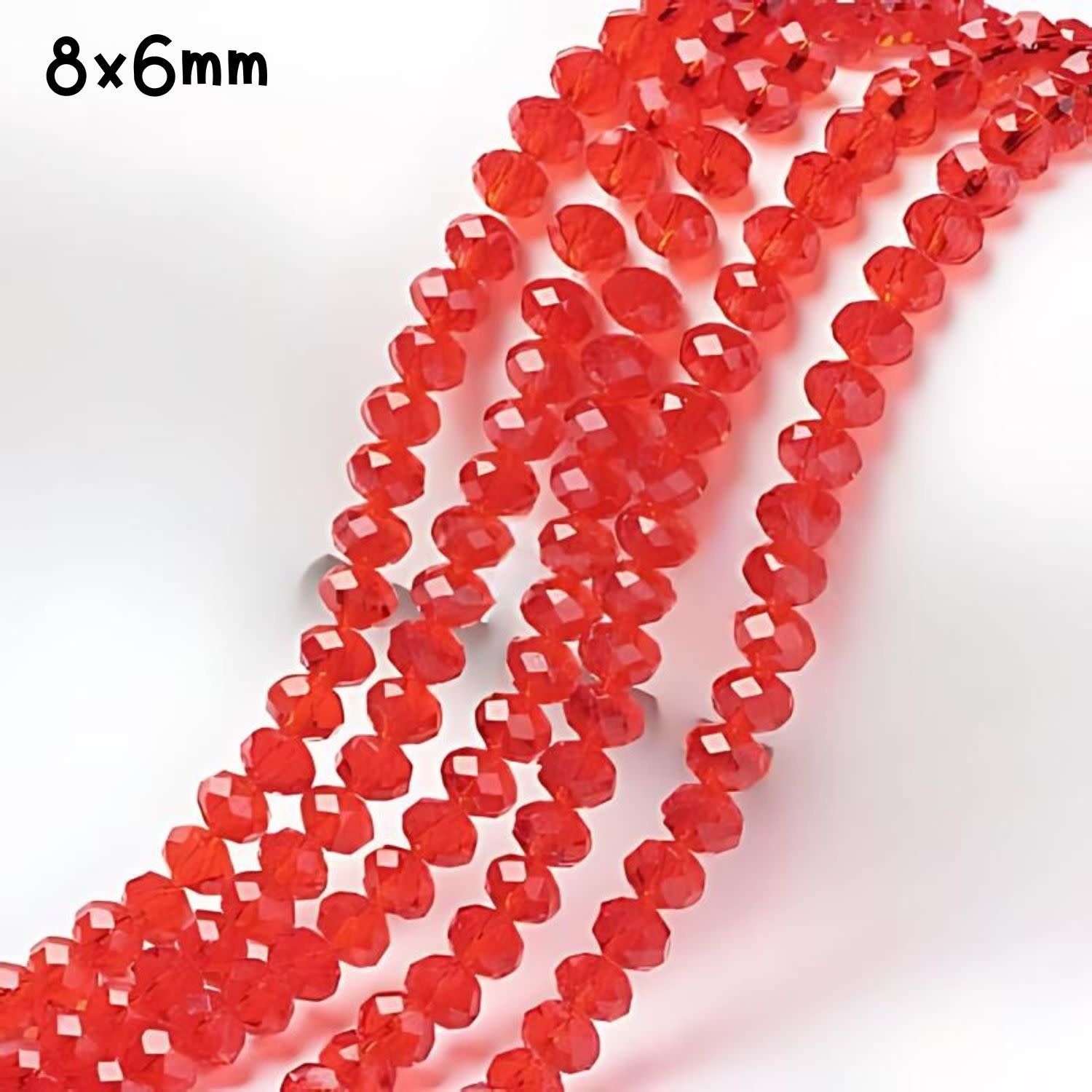 8x6mm Faceted Rondelles, Approx 65pcs, 16&quot; Strand, Transparent Red, Hole 1mm, Glass Beads, 29gms/1.02oz