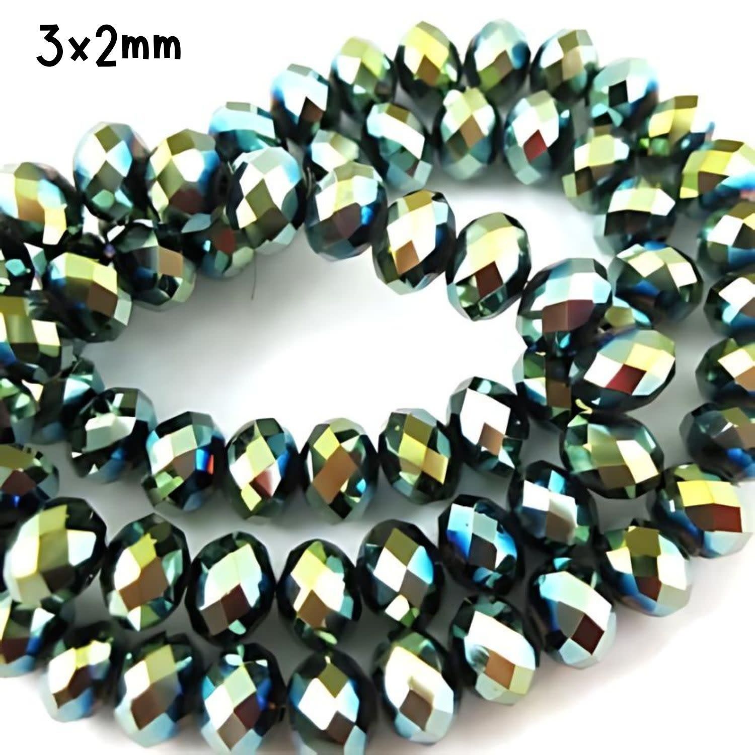 3x2mm Faceted Rondelles, Approx 145pcs, 14&quot; Strand, Metallic Green, Hole 0.5mm, Glass Beads, 7gms/0.25oz
