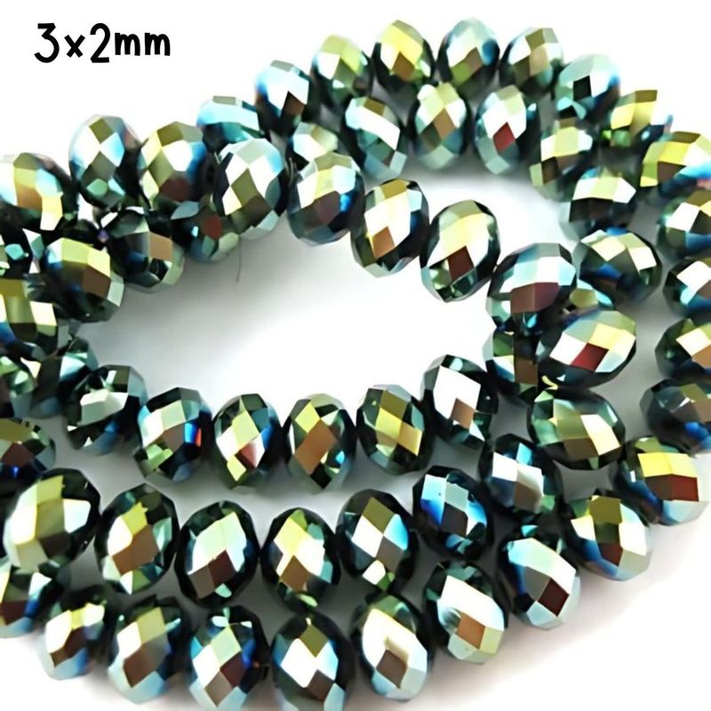 3x2mm Faceted Rondelles, Approx 145pcs, 14&quot; Strand, Metallic Green, Hole 0.5mm, Glass Beads, 7gms/0.25oz