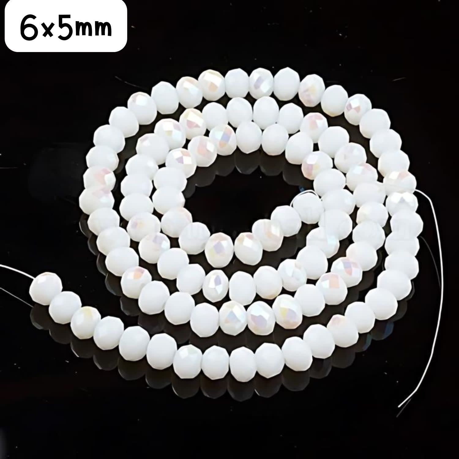 6x5mm Faceted Rondelles, Approx 90pcs, 16&quot; Strand, Opaque White Half Plated Ab, Hole 1mm, Glass Beads, 18gms/0.64oz