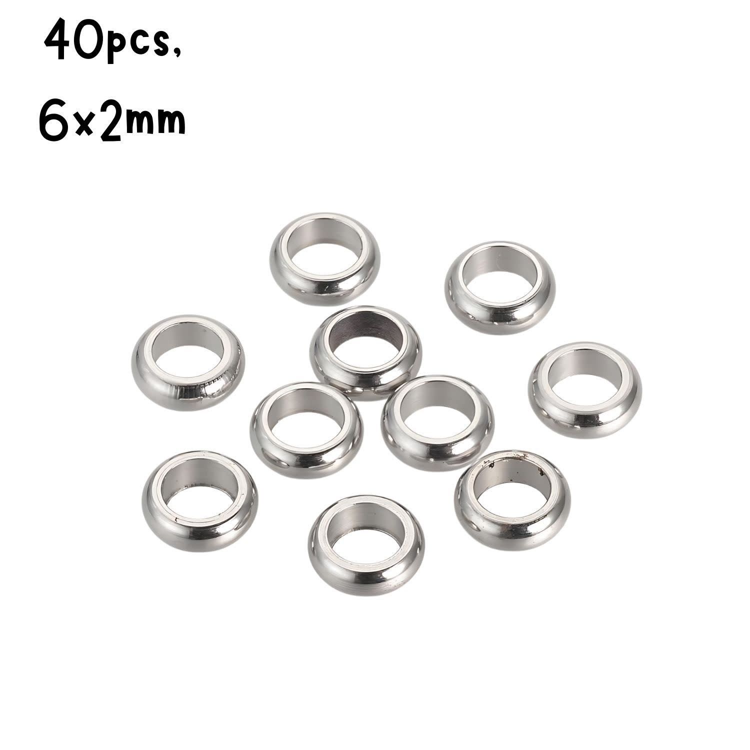 Stainless Steel Rondelle Spacer Beads, 40pcs, 6x2mm, Hole 4mm, Fits 4mm Cords, 12gms/0.42oz