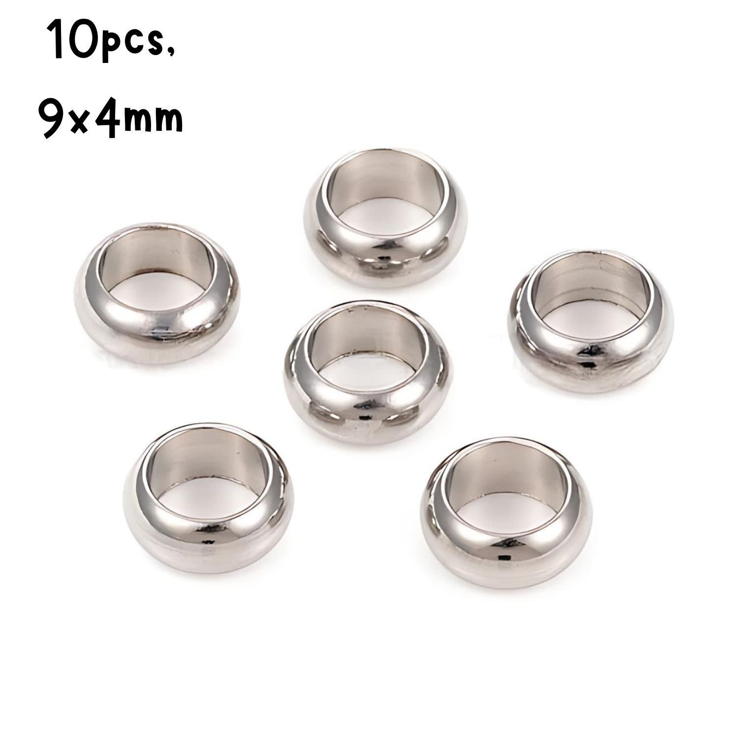 Stainless Steel Rondelle SPacer Beads, 10pcs, 9x4mm, Hole 6mm, Fits 6mm Cords, 9gms/0.32oz