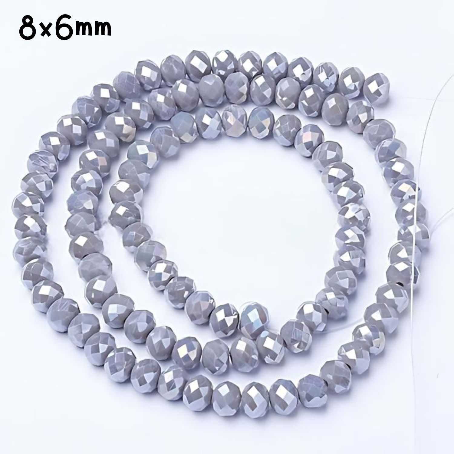 8x6mm Faceted Rondelles, Approx 65pcs, 16&quot; Strand, Opaque Grey Plated AB, Hole 1mm, Glass Beads, 29gms/1.02oz