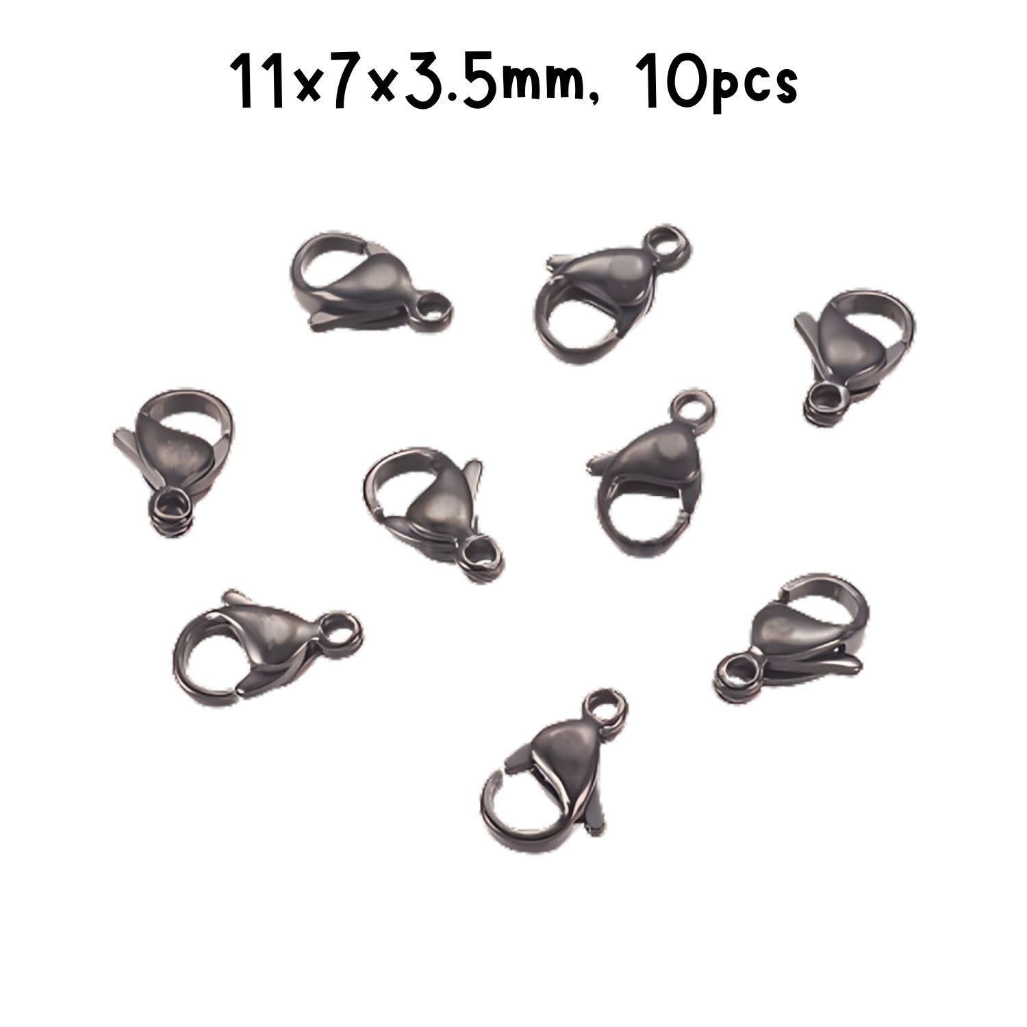Black Plated Stainless Steel Lobster Claw Clasps, 10pcs, 11x7x35mm, Hole 1mm, 5gms/0.18oz
