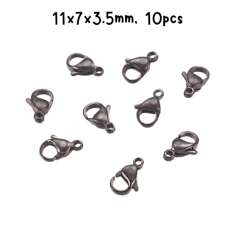 Black Plated Stainless Steel Lobster Claw Clasps, 10pcs, 11x7x35mm, Hole 1mm, 5gms/0.18oz