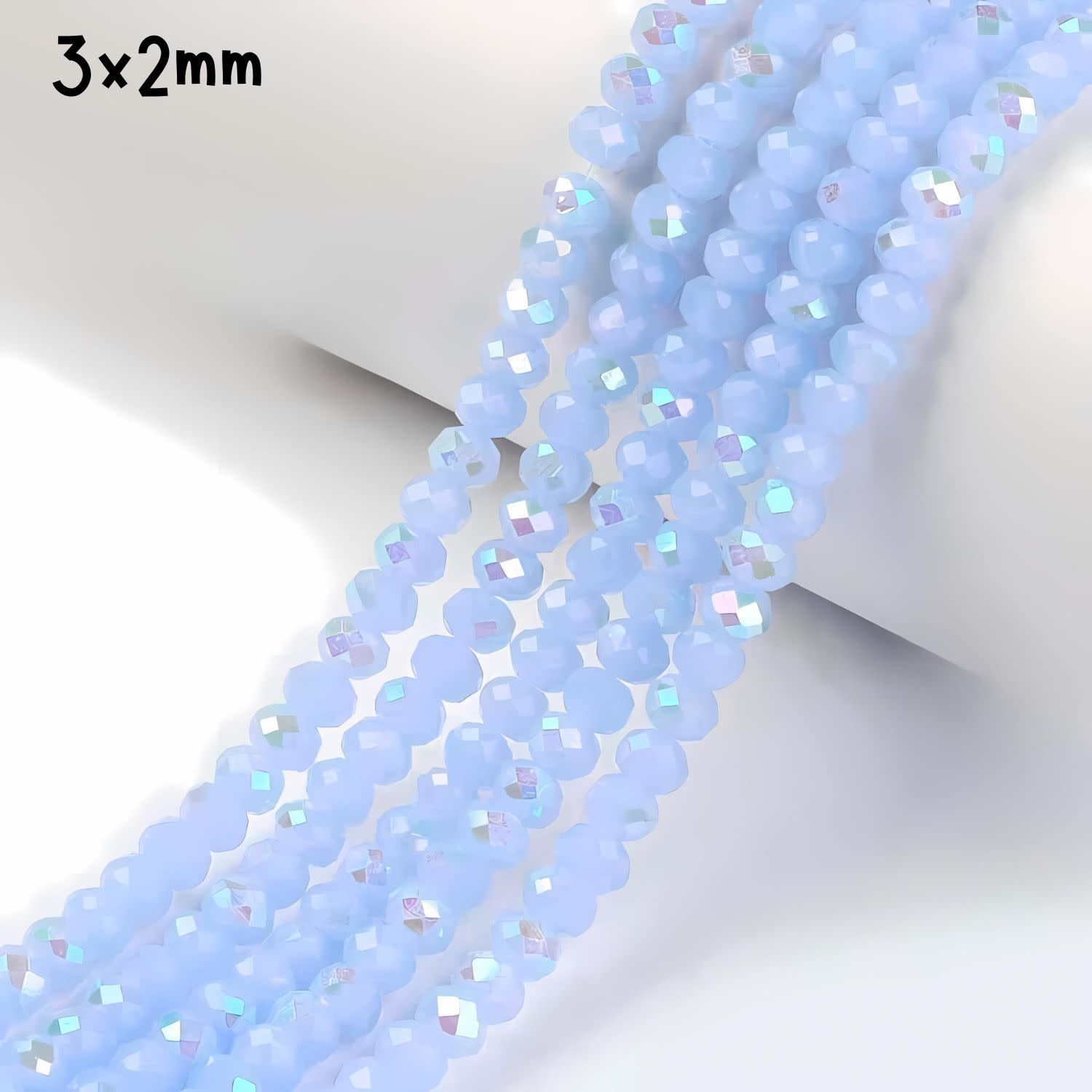3x2mm Faceted Rondelles, Approx 165pcs, 15&quot; Strand, Opaque Half Plated Rainbow Light Blue, Hole 0.8mm, Glass Beads, 11gms/0.39oz