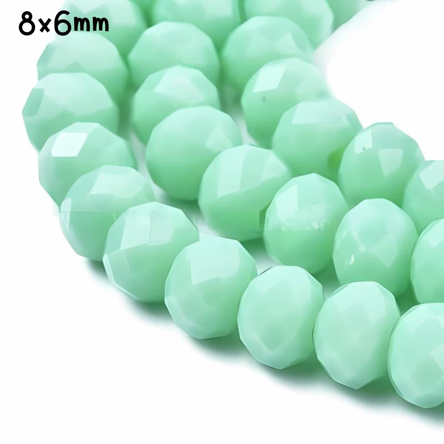 8x6mm Faceted Rondelles, Approx 65pcs, 16&quot; Strand, Opaque Light Green Turquoise, Hole 1mm, Glass Beads, 29gms/1.02oz