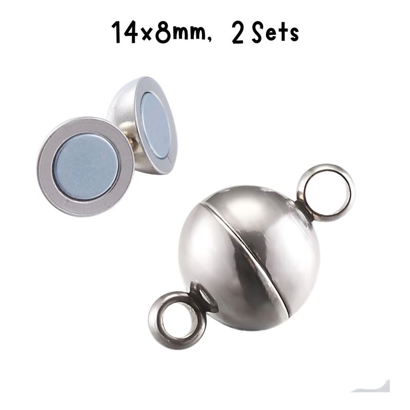 Stainless Steel  Magnetic Round Clasps, 2 Sets, 14x8mm, Hole 2mm, 5gms/018oz