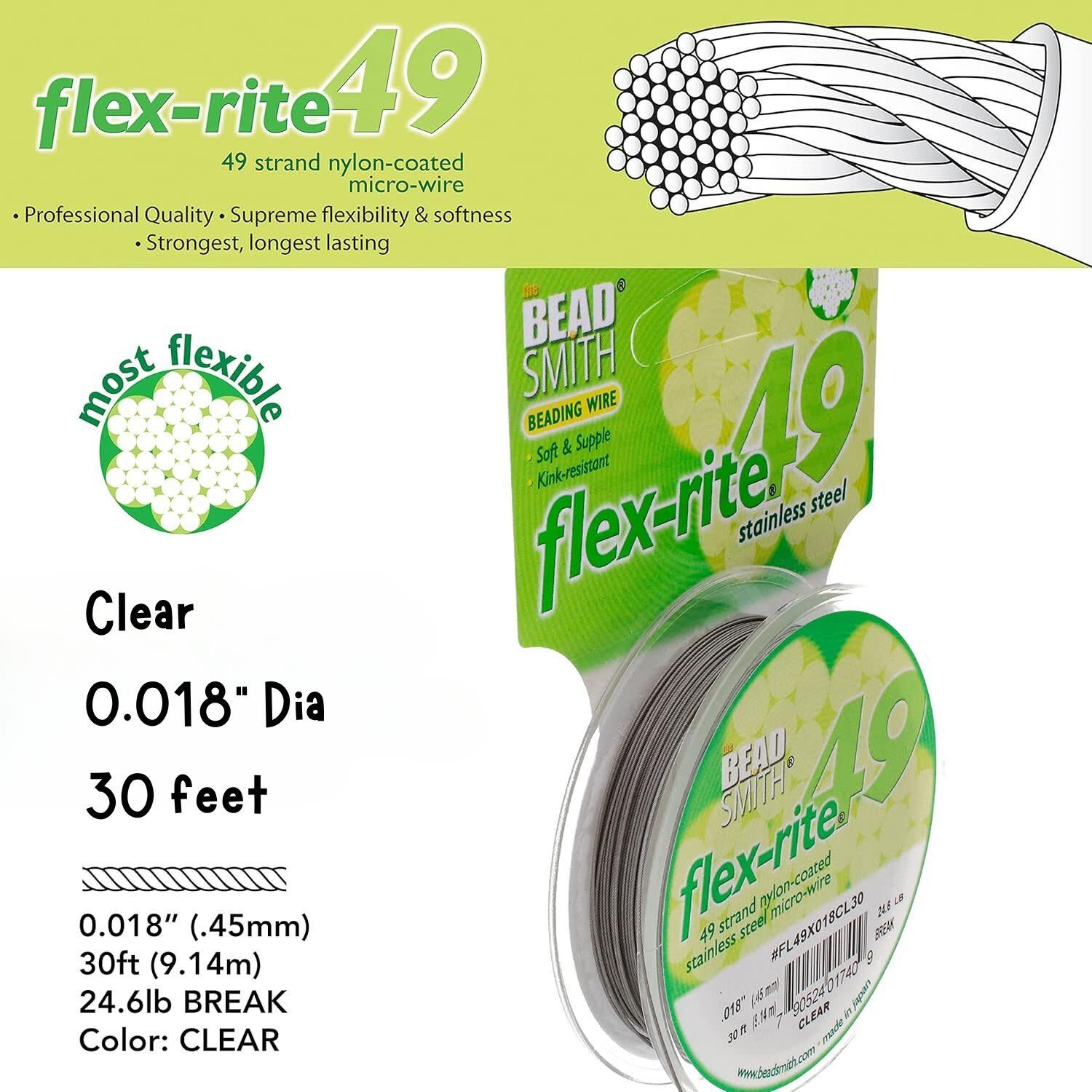 Flexrite, 49 Strands, Beading Wire/Cord, Stainless Steel, 30 Feet, Clear, 0.018&#39;&#39;/0.5mm, 0.5oz