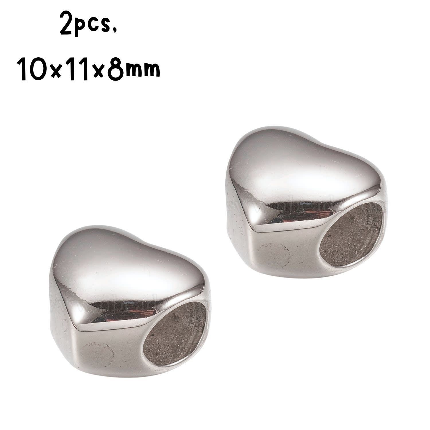 Stainless Steel Heart Beads, 2pcs, 10x11x8mm, Smooth Finish, Hole 5mm, Fits Pandora &amp; 5mm Cords, 8gms/0.28oz