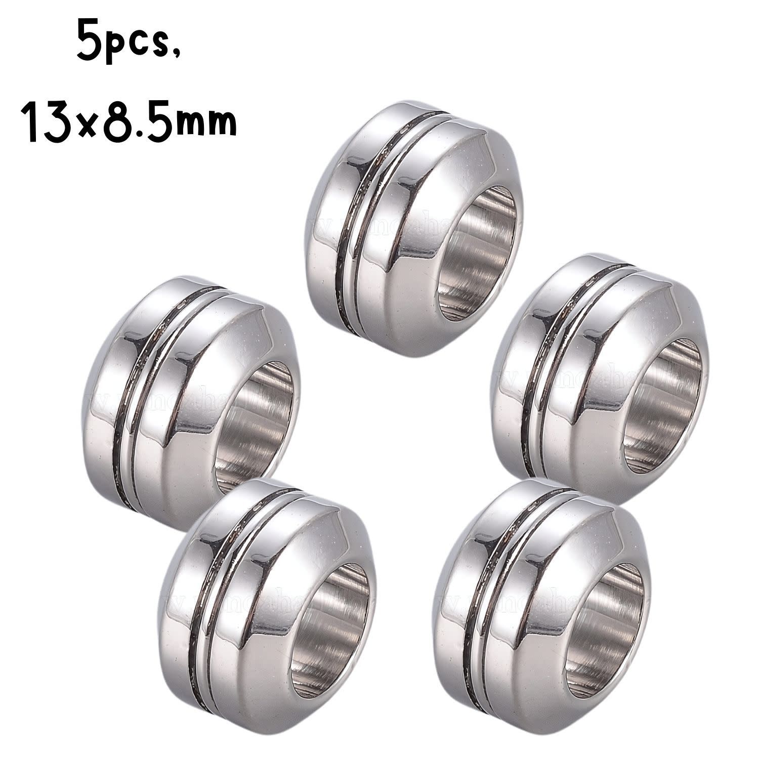 Stainless Steel Rondelle Grooved Beads, 5pcs, 11x6.5mm, Hole 6mm, Fits 6mm Cords, 15gms/0.53oz