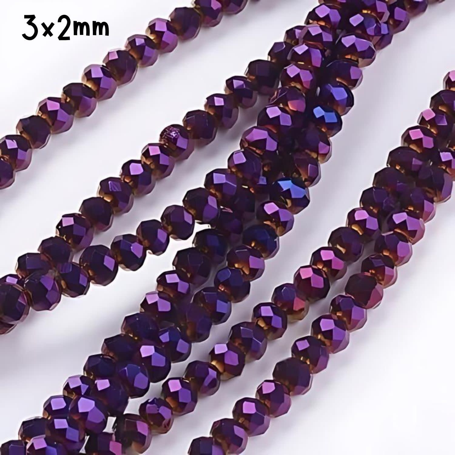 3x2mm Faceted Rondelles, Approx 165pcs, 15&quot; Strand, Metallic Purple, Hole 0.8mm, Glass Beads, 11gms/0.39oz
