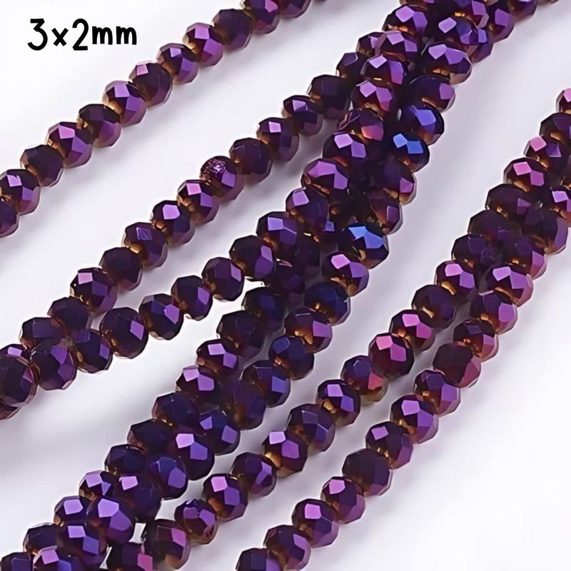 3x2mm Faceted Rondelles, Approx 165pcs, 15&quot; Strand, Metallic Purple, Hole 0.8mm, Glass Beads, 11gms/0.39oz