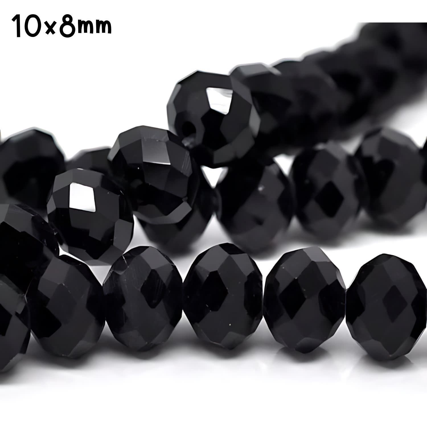 10x8mm Faceted Rondelles, Approx 65pcs, 18&quot; Strand, Opaque Black, Hole 1mm, Glass Beads, 61gms/2.15oz