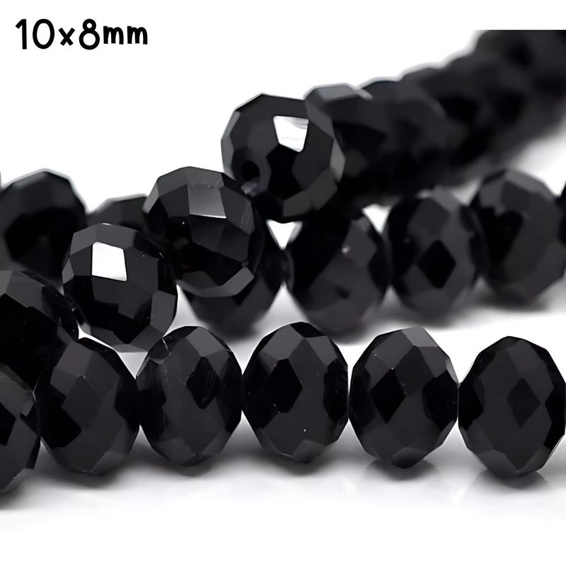 10x8mm Faceted Rondelles, Approx 65pcs, 18&quot; Strand, Opaque Black, Hole 1mm, Glass Beads, 61gms/2.15oz