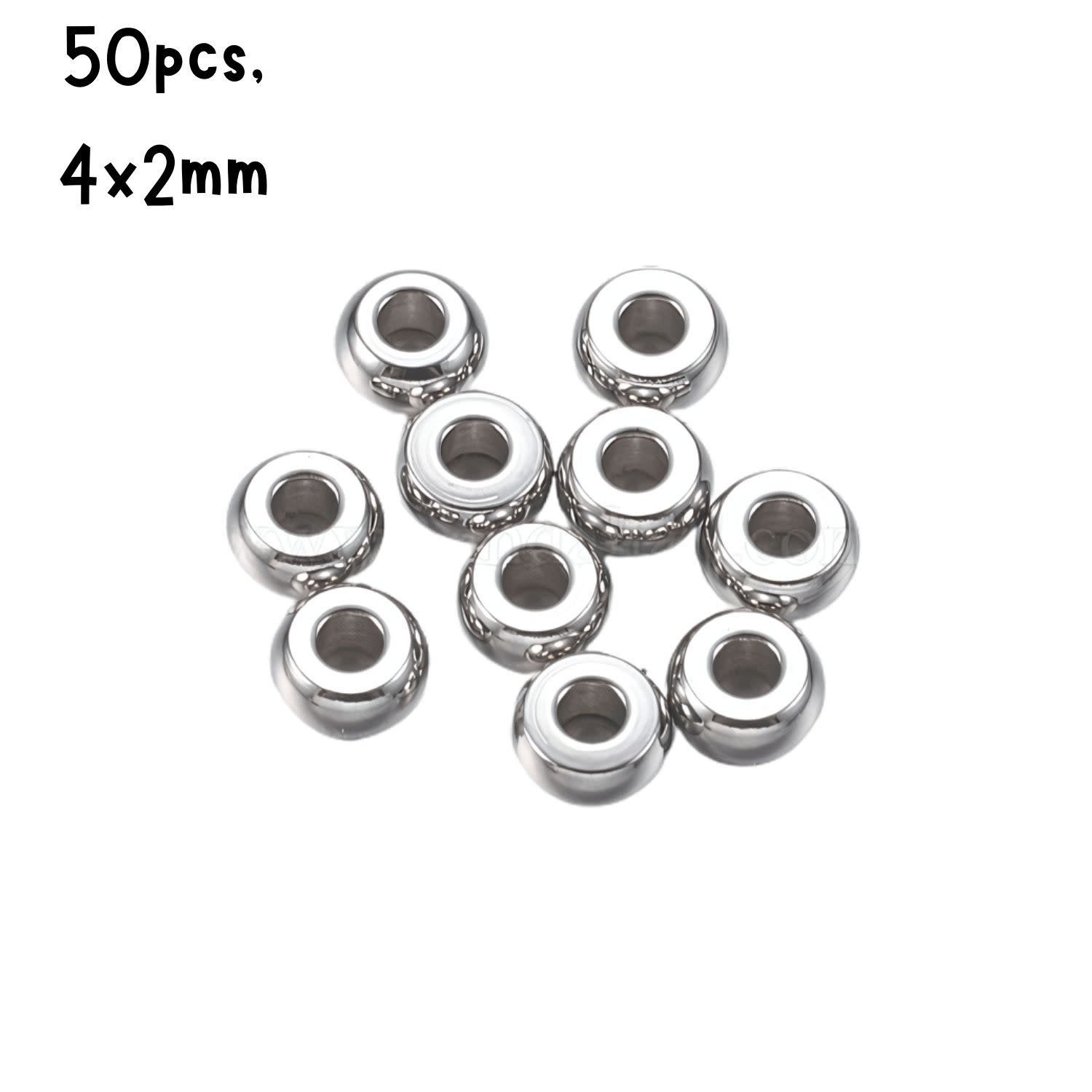 Stainless Steel Rondelle Spacer Beads, 50pcs, 4x2mm, Hole 1.5mm, 8gms/0.28oz