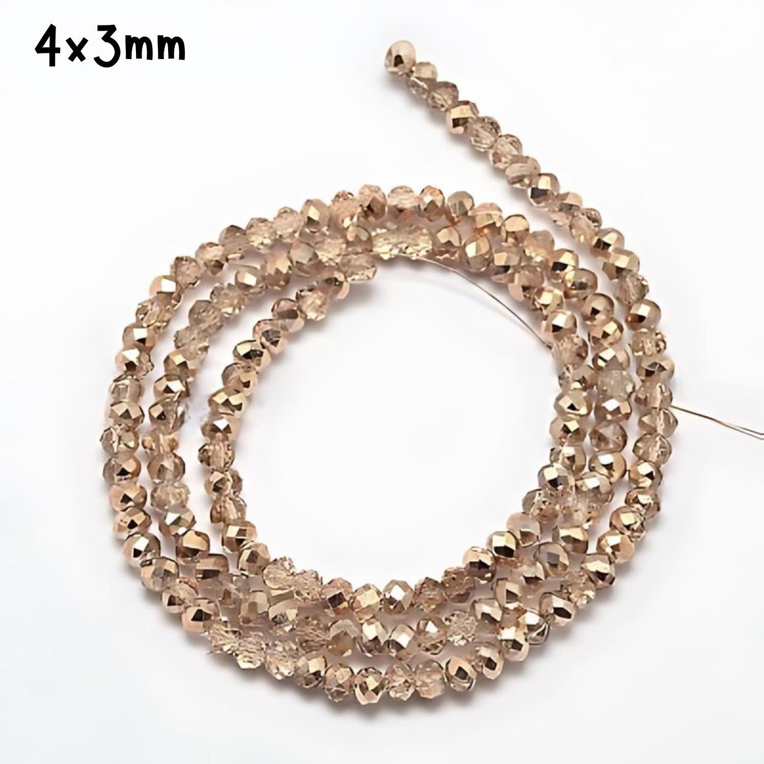 4x3mm Faceted Rondelles, Approx 125pcs, 15&quot; Strand, Transparent Rose Gold, Half Plated, Hole 1mm, Glass Beads, 12gms/0.42oz