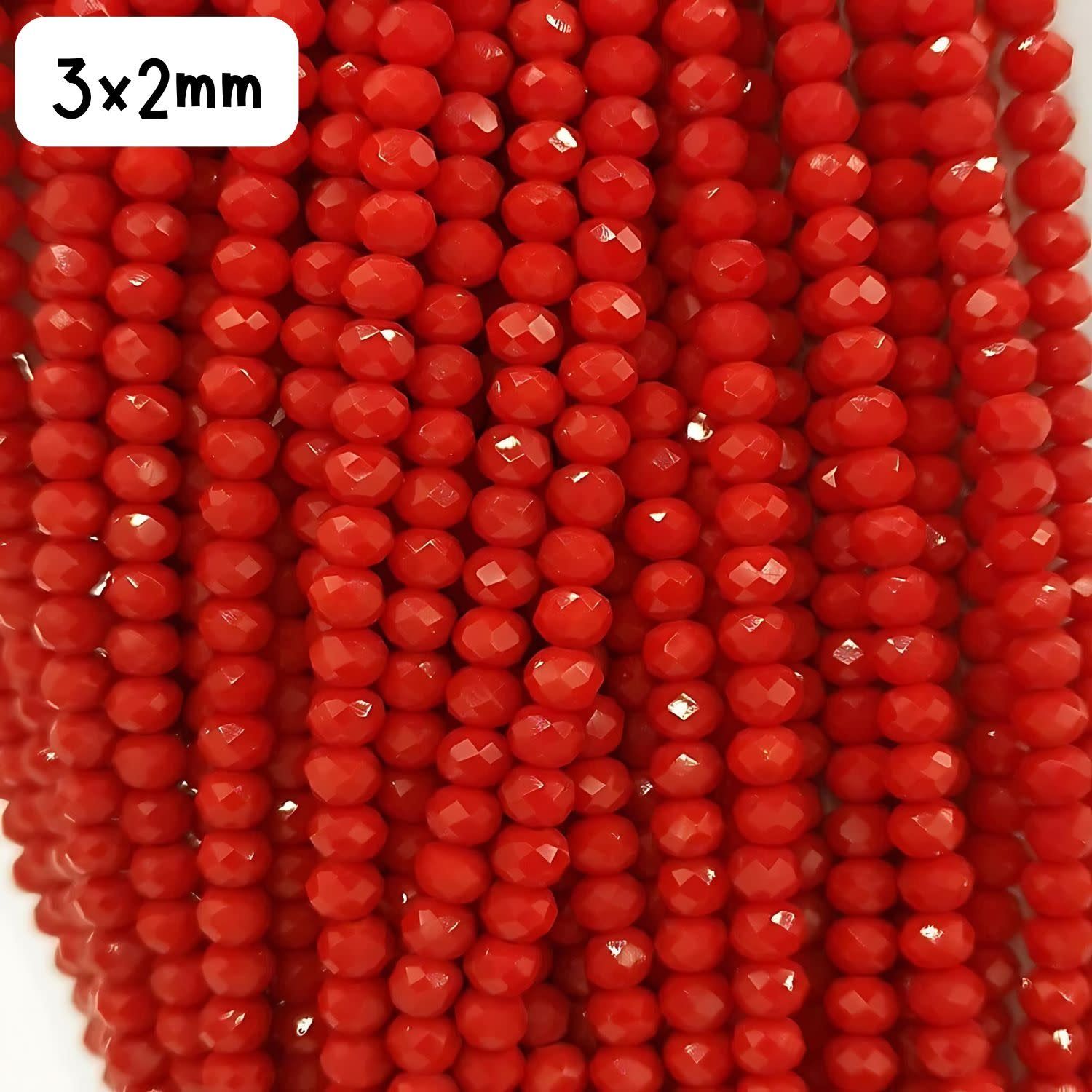 3x2mm Faceted Rondelles, Approx 138pcs, 13&quot; Strand, Opaque Red, Hole 1mm, Glass Beads, 8gms/0.28oz