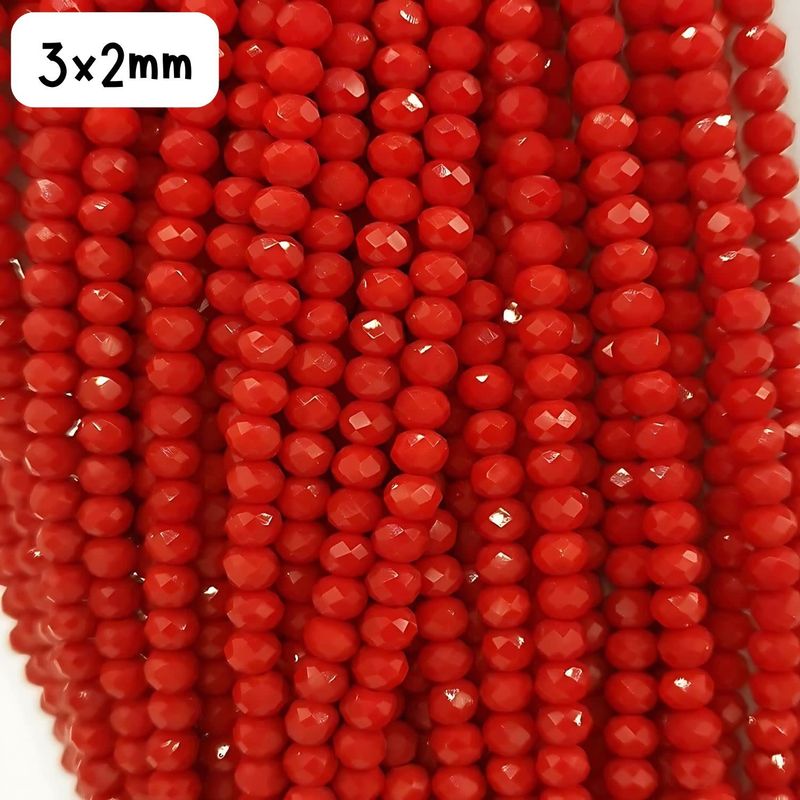 3x2mm Faceted Rondelles, Approx 138pcs, 13&quot; Strand, Opaque Red, Hole 1mm, Glass Beads, 8gms/0.28oz