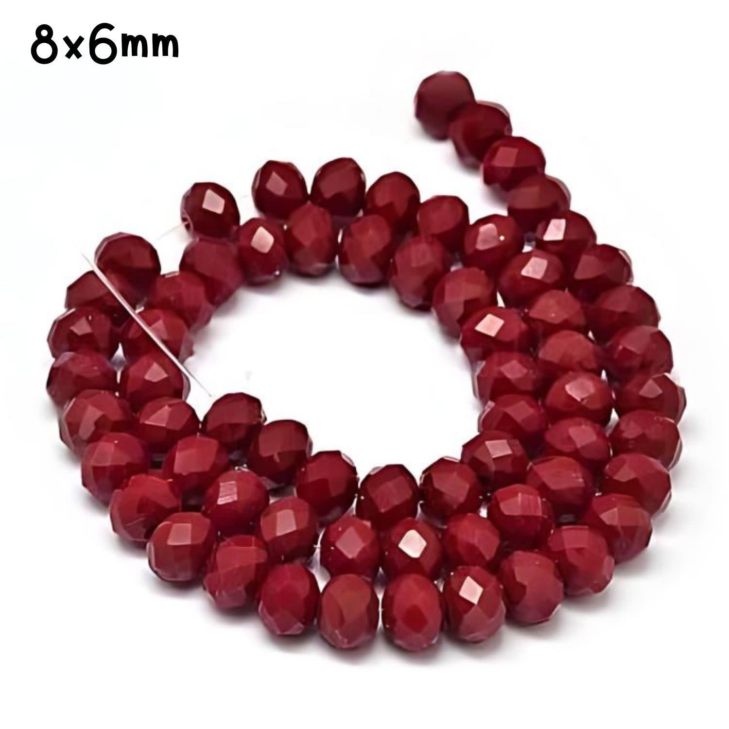 8x6mm Faceted Rondelles, Approx 65pcs, 16&quot; Strand, Opaque Dark Red, Hole 1mm, Glass Beads, 29gms/1.02oz