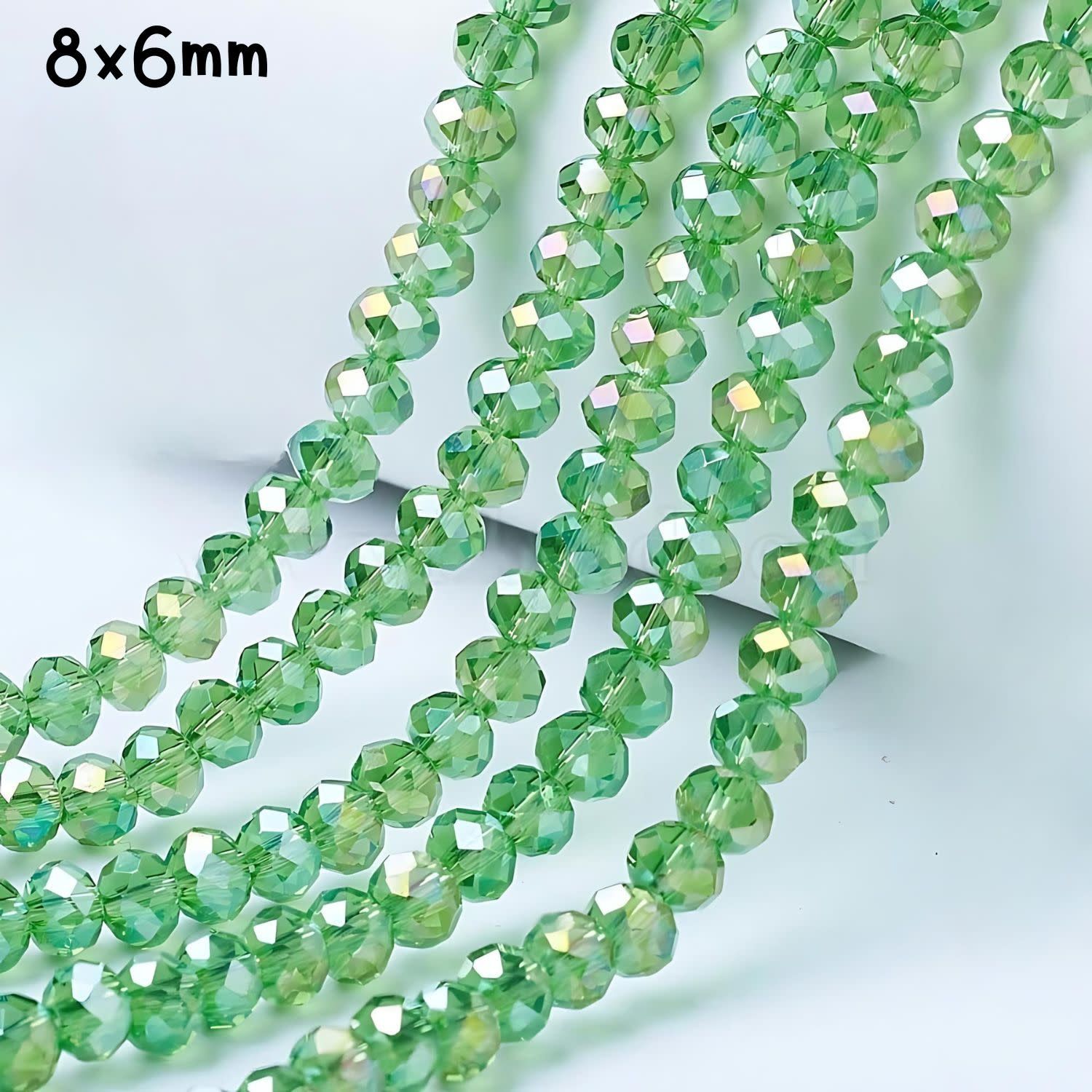 8x6mm Faceted Rondelles, Approx 65pcs, 16&quot; Strand, Transparent Light Green Plated AB, Hole 1mm, Glass Beads, 29gms/1.02oz