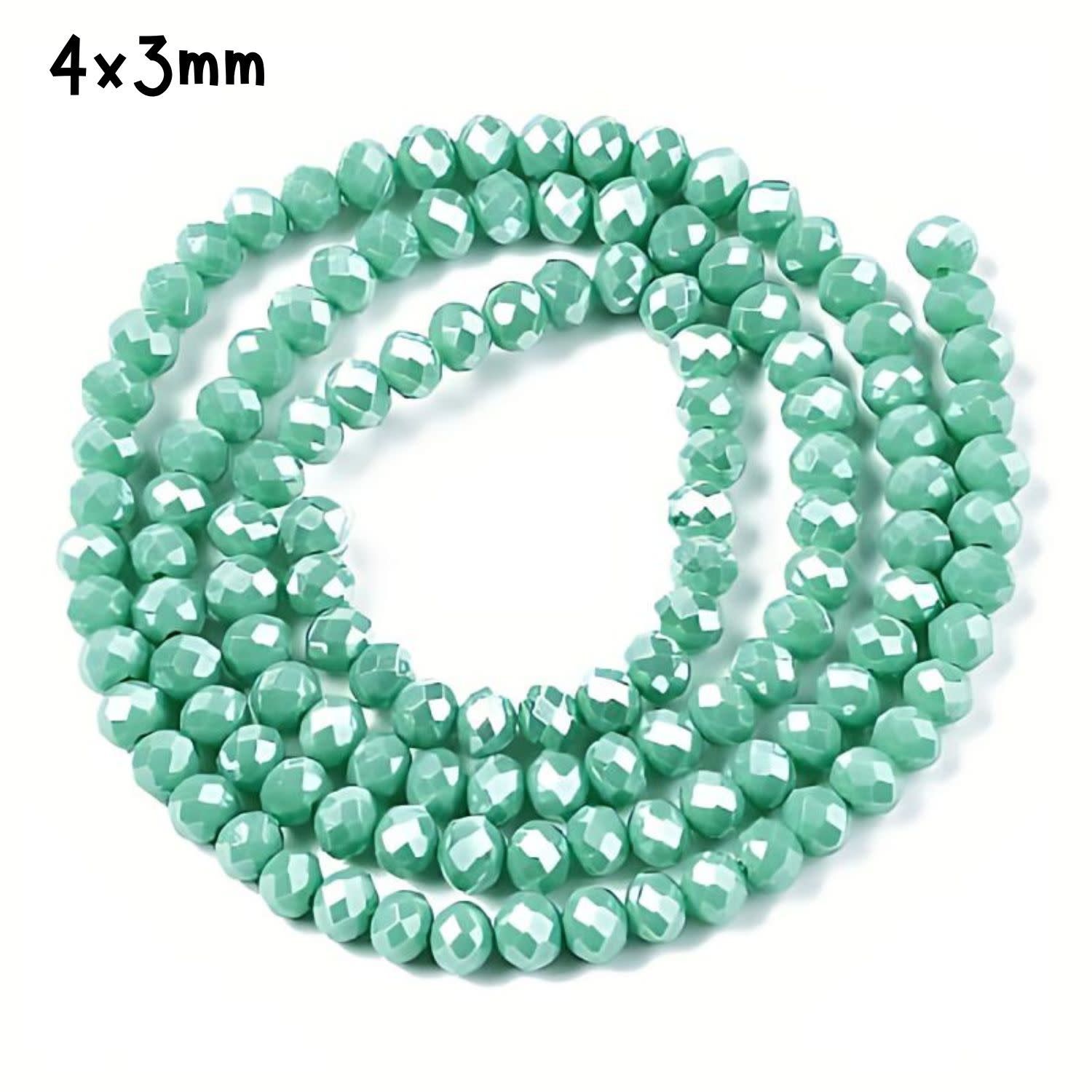 4x3mm Faceted Rondelles, Approx 130pcs, 16&quot; Strand, Opaque Medium Aquamarine Luster Plated, Hole 0.5mm, Glass Beads, 12gms/0.42oz