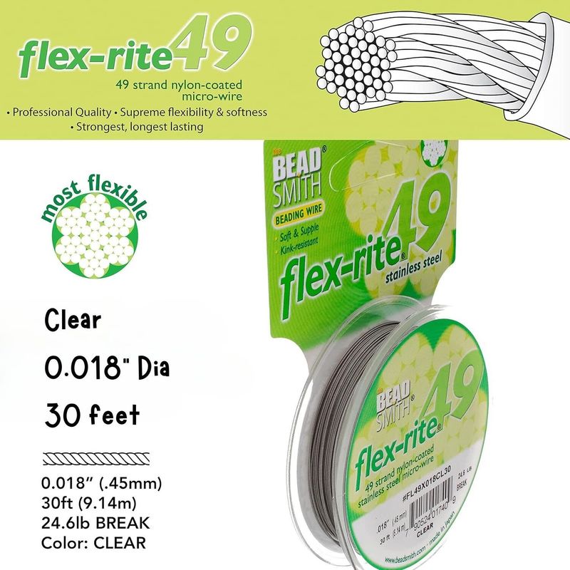 Flexrite, 7 Strands, Beading Wire/Cord, Stainless Steel, 100 Feet, Clear, .018&#39;&#39;/0.5mm, 1oz
