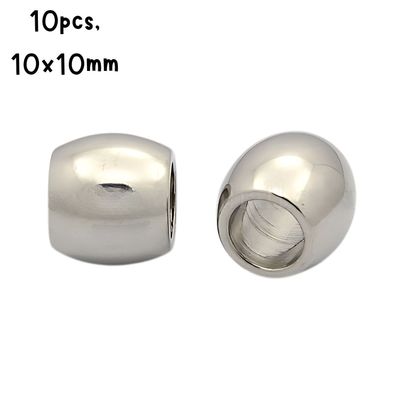 Stainless Steel Smooth Barrel Beads, 10pcs, 10x10mm, Hole 4mm, Fits 4mm Cords, 31gms/1.09oz