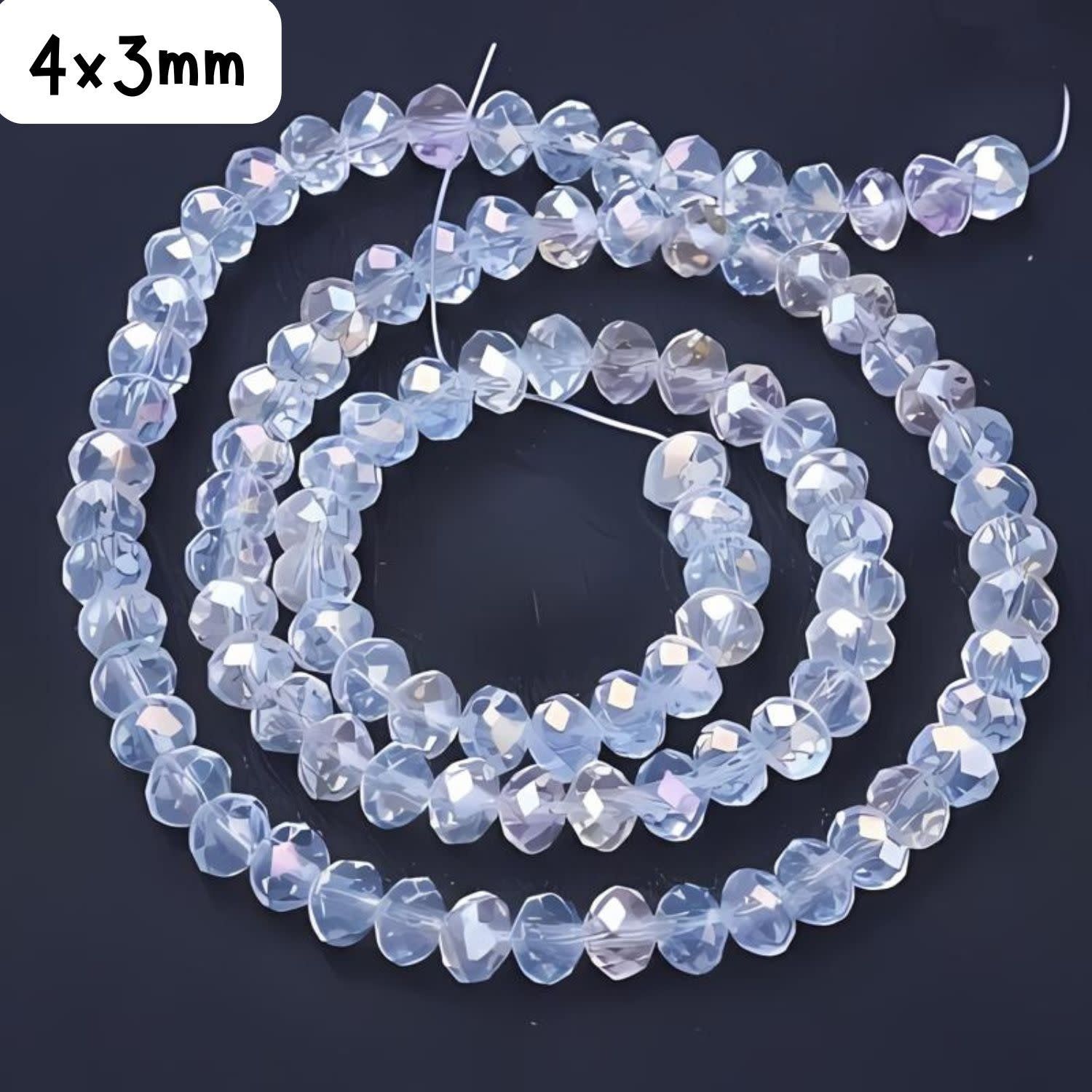 4x3mm Faceted Rondelles, Approx 125pcs, 15&quot; Strand, Crystal Ab Plated, Hole 0.5mm, Glass Beads, 12gms/0.42oz
