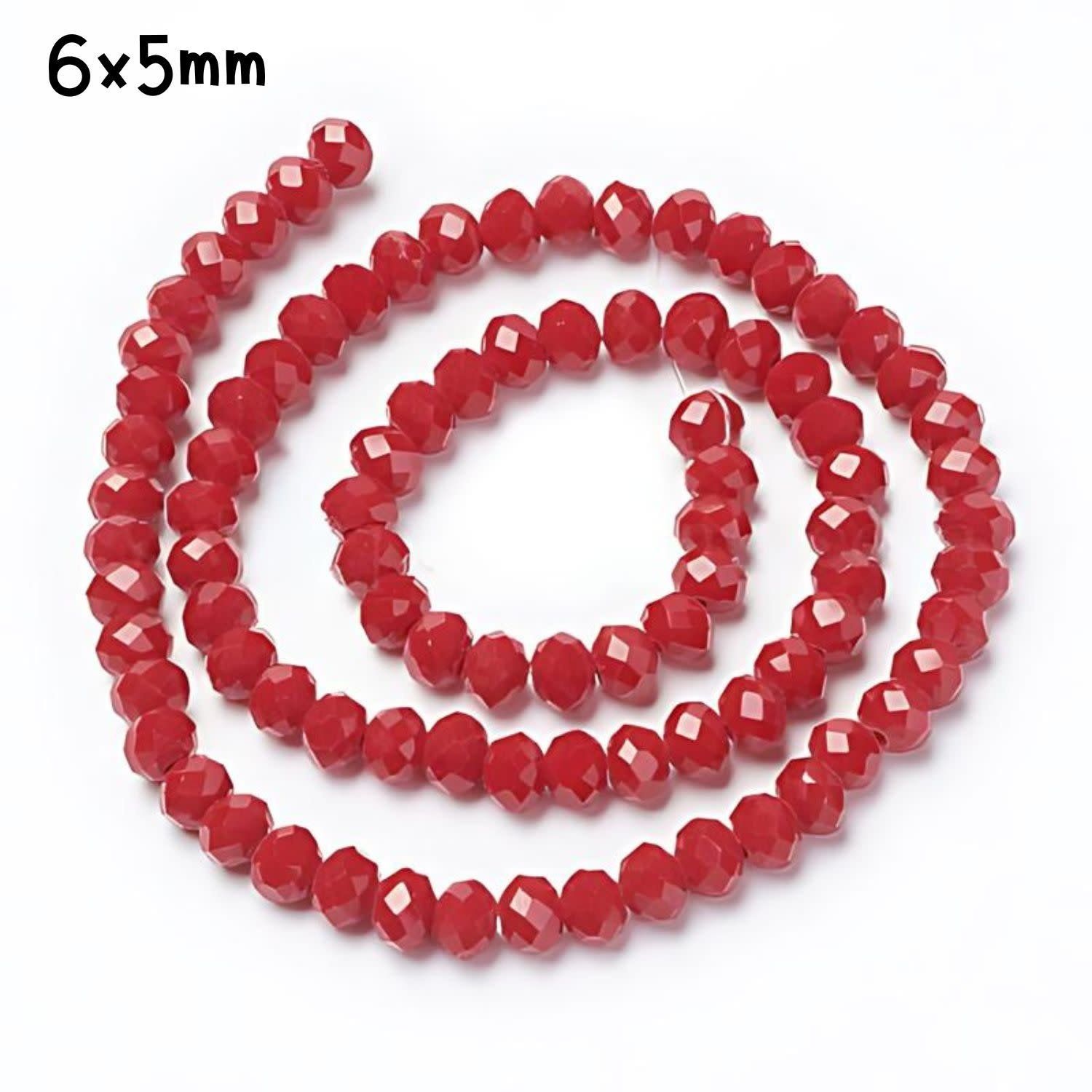 6x5mm Faceted Rondelles, Approx 90pcs, 16&quot; Strand, Opaque Dark Red, Hole 1mm, Glass Beads, 18gms/0.64oz