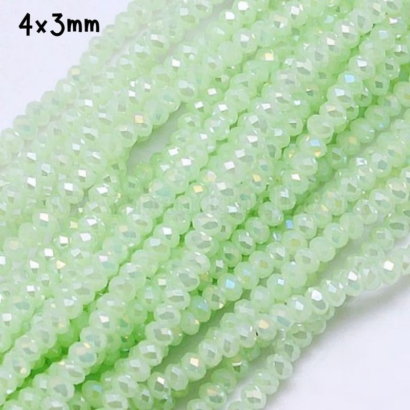 4x3mm Faceted Rondelles, Approx 130pcs, 16&quot; Strand, Pale Green Ab Plated, Hole 1mm, Glass Beads, 12gms/0.42oz