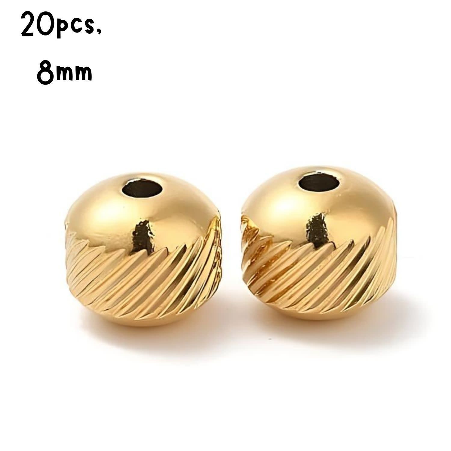 GP Stainless Steel Slanted Grooves Round Beads, 20pcs, 8mm, Hole 2mm, 46gms/1.62oz