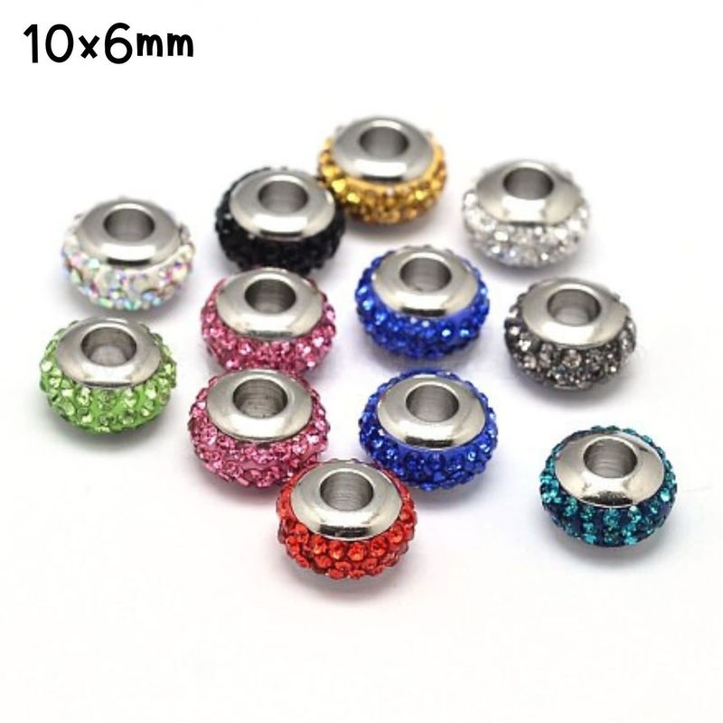 10x6mm Stainless Steel Core Rhinestone Pave Beads, Mixed Colors, Hole 3mm, 21gms/0.74oz