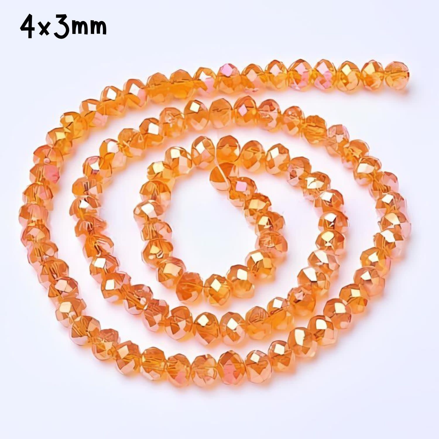 4x3mm Faceted Rondelles, Approx 125pcs, 15&quot; Strand, Transparent Orange Half Plated Ab, Hole 0.5mm, Glass Beads, 12gms/0.42oz
